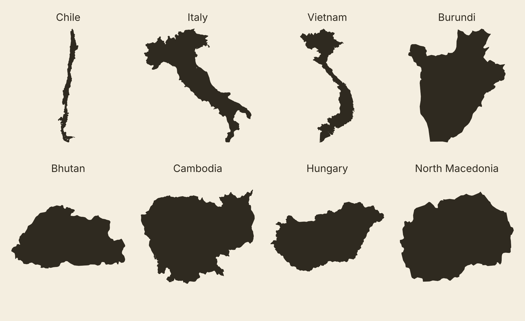 Eight labeled country outlines in two rows of four, each scaled to fill its tile: Chile, Italy, Vietnam and Burundi on top, Bhutan, Cambodia, Hungary and North Macedonia below.