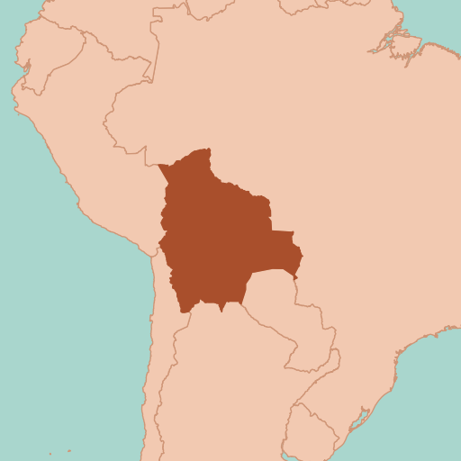 Bolivia highlighted in the middle of South America, with no coastline, between Peru, Brazil, Paraguay, Argentina and Chile.