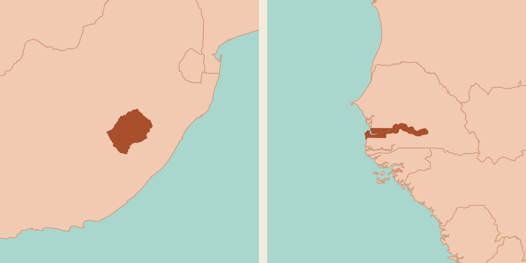 Left: Lesotho highlighted, entirely surrounded by South Africa. Right: The Gambia highlighted, a thin strip along a river cutting into Senegal from the Atlantic coast.