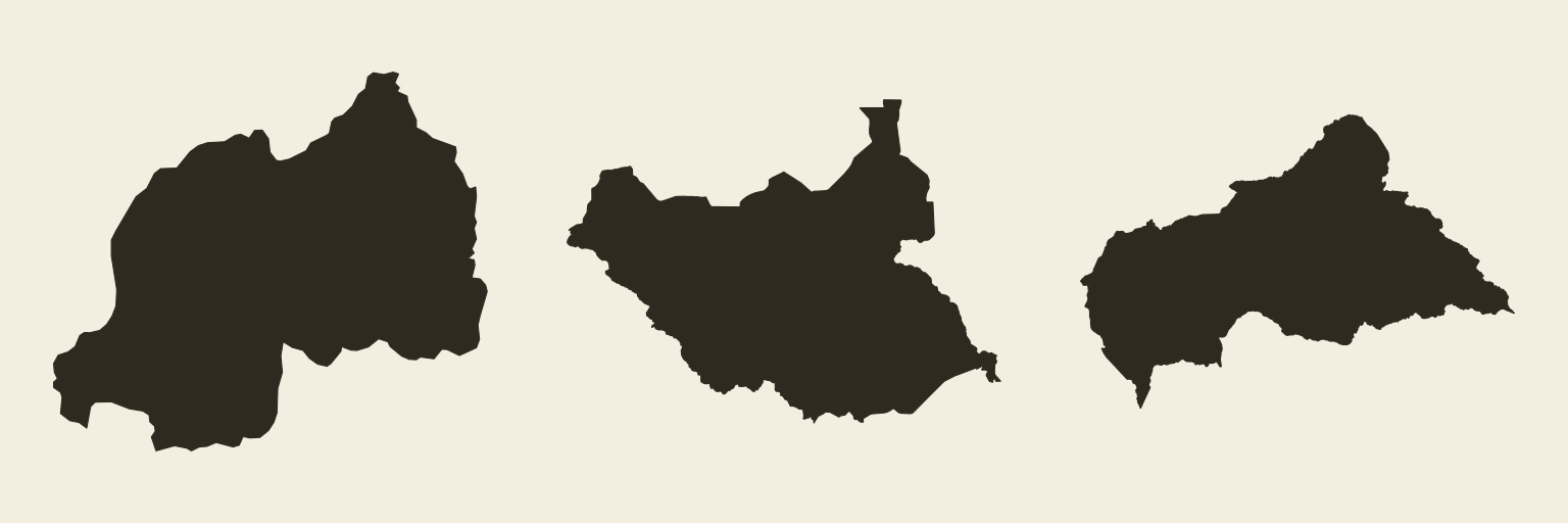 Rwanda, South Sudan and the Central African Republic as lone outlines, each scaled to fill its tile.