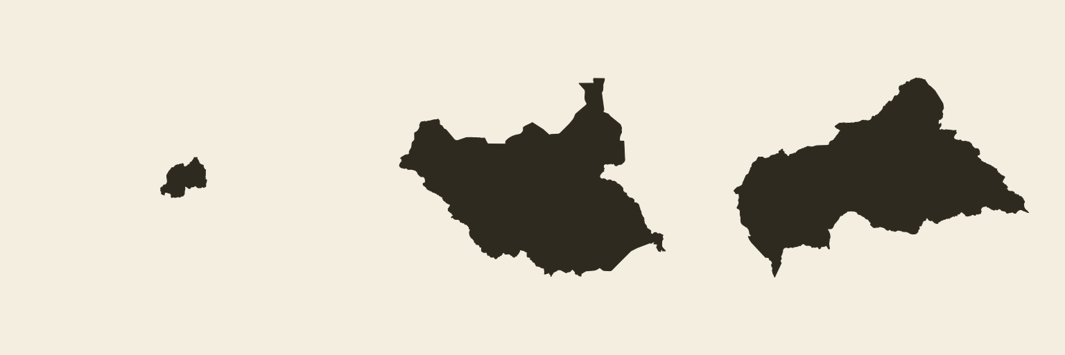 The same three outlines at true relative size: Rwanda is a small speck next to South Sudan and the Central African Republic.